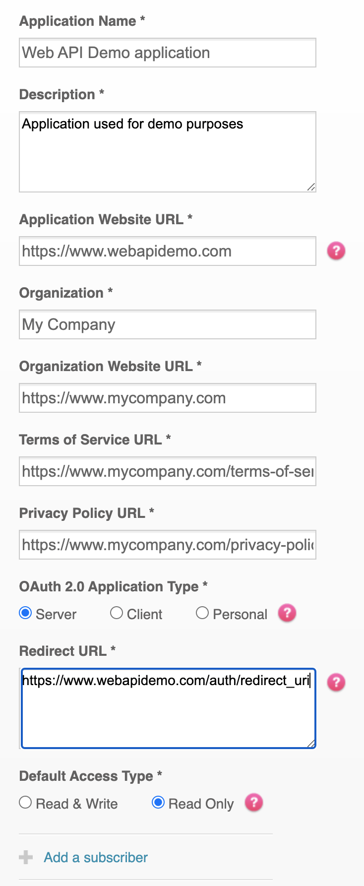 Completed application registration form