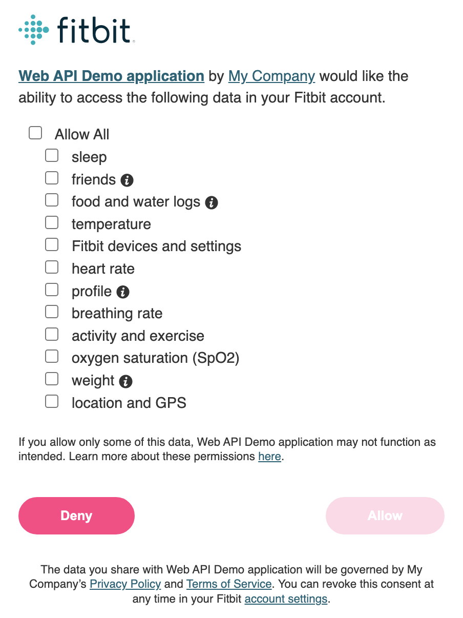 Example 
screenshot of the Fitbit OAuth 2.0 consent page